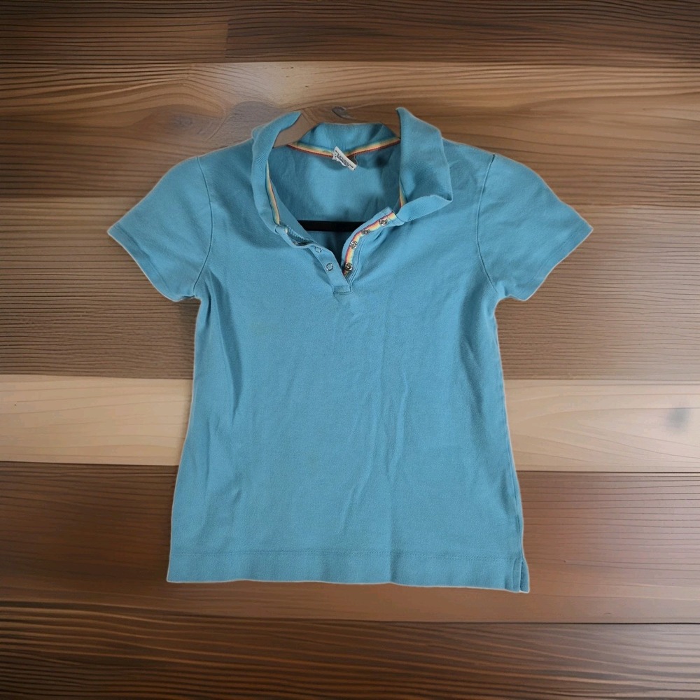 Vintage Y2K Old Navy Blue Polo Baby Tee Fitted Preppy Rainbow Trim